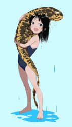Rule 34 | black hair, blue eyes, blue one-piece swimsuit, bouen, competition school swimsuit, fang, highres, long hair, one-piece swimsuit, open mouth, original, salamander, school swimsuit, solo, swimsuit, tsuchinoko