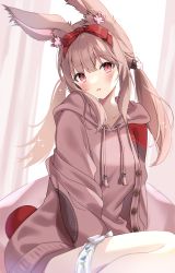 Rule 34 | 1girl, absurdres, animal ears, blush, bow, breasts, brown hair, brown hoodie, brown jacket, collarbone, commentary request, curtains, drawstring, feet out of frame, final fantasy, final fantasy xiv, flower, hair bow, hair flower, hair ornament, head tilt, highres, hood, hood down, hoodie, indoors, jacket, long hair, long sleeves, looking at viewer, open clothes, open jacket, parted lips, pink flower, puffy long sleeves, puffy sleeves, rabbit ears, red bow, red eyes, small breasts, solo, suzumori (su2525), twintails, very long hair, viera, warrior of light (ff14), white flower