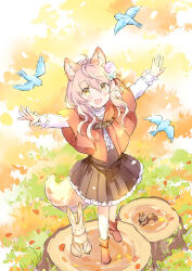 Rule 34 | 1girl, :d, animal, animal ears, autumn leaves, bird, blue flower, blush, boots, brown eyes, brown skirt, capelet, center frills, commentary request, fang, flower, frilled skirt, frilled sleeves, frills, hair between eyes, hair flower, hair ornament, long sleeves, open mouth, original, outstretched arms, pantyhose, pink flower, pink hair, pleated skirt, rabbit, red capelet, red footwear, shirt, skirt, smile, solo, squirrel, tail, tree stump, wataame27, white pantyhose, white shirt, wolf-chan (wataame27), wolf ears, wolf girl, wolf tail