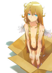 Rule 34 | 1girl, angel wings, bad id, bad pixiv id, blue eyes, box, brown hair, cardboard box, censored, convenient censoring, feathers, flat chest, hair censor, hair over breasts, highres, in box, in container, long hair, looking up, navel, nimirom, nude, original, solo, very long hair, wings