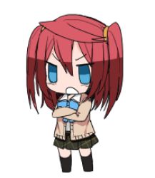 Rule 34 | &gt;:o, 1girl, :o, arian rod, blue eyes, chibi, crossed arms, erubo, lowres, open mouth, original, plaid, plaid skirt, red hair, school uniform, simple background, skirt, solo, twintails, v-shaped eyebrows, white background