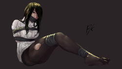 Rule 34 | 1girl, bdsm, black eyes, black hair, bondage, bound, bound legs, cloth gag, full body, gag, hair over one eye, highres, improvised gag, legs together, long hair, looking at viewer, original, pantyhose, pick&#039;k, signature, simple background, solo, sweater, tears, torn clothes, torn pantyhose