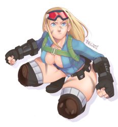 Rule 34 | 1girl, alternate costume, alternate hairstyle, backpack, bag, belt pouch, blonde hair, blue eyes, blue leotard, boots, breasts, cammy white, cleavage, clenched hands, conto, facepaint, fingerless gloves, gloves, goggles, goggles on head, knee pads, large breasts, leotard, long hair, long sleeves, no bra, pouch, solo, squatting, street fighter, street fighter v, thick thighs, thighhighs, thighs, unzipped, wide hips