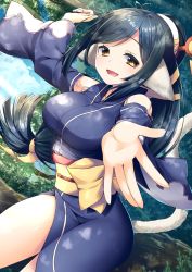 Rule 34 | 1girl, absurdly long hair, ainu clothes, animal ears, aquaplus, artist request, black hair, blue sky, breasts, brown eyes, cat tail, cloud, cloudy sky, cowboy shot, dress, eyelashes, gradient eyes, hair ornament, highres, kuon (utawarerumono), large breasts, leaf, long hair, long sleeves, looking at viewer, multicolored eyes, off shoulder, open clothes, open dress, open mouth, outdoors, ponytail, raised eyebrows, reaching, reaching towards viewer, sidelocks, sky, solo, source request, sunlight, swept bangs, tail, thick thighs, thighs, tree, utawarerumono, utawarerumono: futari no hakuoro, utawarerumono: itsuwari no kamen, very long hair, white tail