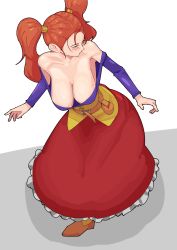Rule 34 | 1girl, absurdres, breasts, cleavage, downblouse, dragon quest, dragon quest viii, hanging breasts, highres, huge breasts, jessica albert, no bra, pesshio (to menero), red hair, simple background, solo, twintails