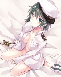 Rule 34 | 1girl, admiral (kancolle), admiral (kancolle) (cosplay), barefoot, bed sheet, between legs, blush, breasts, cleavage, coat, collarbone, commentary request, convenient arm, cosplay, dated, eyepatch, full body, green eyes, green hair, groin, hand between legs, hand on own face, hat, heterochromia, jacket, jacket on shoulders, kabocha torute, kantai collection, kiso (kancolle), long sleeves, medium breasts, military, military uniform, naked coat, naval uniform, no bra, no panties, open clothes, open coat, peaked cap, pleated skirt, sailor hat, short hair, sideways hat, sitting, skirt, sleeves past wrists, solo, twitter username, uniform, unworn eyepatch, unworn skirt, wariza, white coat, white hat, white skirt, yellow eyes