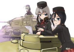 Rule 34 | 10s, 3girls, artist name, backlighting, black hair, blurry, dated, depth of field, garrison cap, geshiko (girls und panzer), girls und panzer, glasses, green eyes, hat, headset, highres, itsumi erika, long hair, looking at another, looking to the side, map, military, military vehicle, motor vehicle, multiple girls, panzer iii, panzer iii, pointing, sangou (girls und panzer), short hair, signature, silver hair, simple background, tank, tokihama jirou, uniform, vehicle, white background