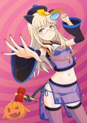 Rule 34 | 1girl, animal ears, bikini, black bikini, blonde hair, blush, breasts, candy, cat ears, cat tail, chinese clothes, closed mouth, food, glasses, halloween, hat, highres, jiangshi, jiangshi costume, keicha (kmoekaki), lollipop, long hair, looking at viewer, navel, perrine h. clostermann, see-through, side-tie bikini bottom, small breasts, solo, strike witches, swimsuit, tail, thighhighs, world witches series, yellow eyes