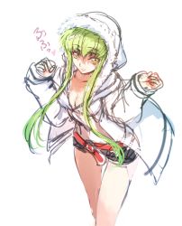 Rule 34 | 1girl, :3, belt, breasts, c.c., cleavage, coat, code geass, creayus, green hair, looking at viewer, md5 mismatch, resized, simple background, smile, solo, white background, yellow eyes