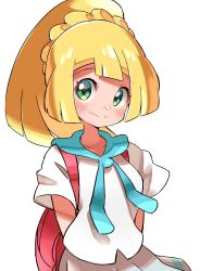 Rule 34 | 1girl, backpack, bag, blonde hair, blush, braid, closed mouth, commentary request, creatures (company), eyelashes, game freak, green eyes, highres, hyou (hyouga617), lillie (pokemon), long hair, looking at viewer, nintendo, pleated skirt, pokemon, pokemon sm, shirt, short sleeves, simple background, skirt, smile, solo, white background, white skirt