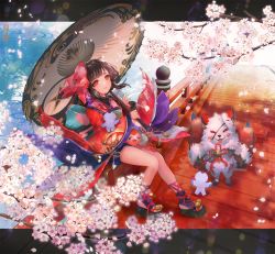 Rule 34 | 1girl, bell, black hair, blunt bangs, bow, bridge, cherry blossoms, clog sandals, fox, full body, hair bow, highres, japanese clothes, jingle bell, kimono, long hair, long sleeves, looking at viewer, multiple tails, obi, oil-paper umbrella, on railing, onmyoji, parted lips, petals, railing, red eyes, river, sash, shikigami, short kimono, shutsuri, sitting, smile, tail, two tails, umbrella, wide hips