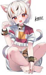 Rule 34 | 1girl, :d, absurdres, animal ear fluff, animal ears, bare legs, barefoot, bell, blush, bracelet, calico, cat ears, cat tail, collar, commentary request, crop top, extra ears, fang, full body, goutokuji mike, grey hair, hair behind ear, hand up, happy, head tilt, highres, jewelry, jingle bell, looking at viewer, midriff, multicolored hair, nail polish, navel, open mouth, orange eyes, paw pose, red nails, sakaki (utigi), short hair, simple background, sitting, smile, solo, straight-on, streaked hair, swept bangs, tail, toes, touhou, white background