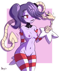 Rule 34 | 1girl, bigdead, blue skin, blush, breasts, cleft of venus, colored skin, detached collar, detached sleeves, hair over one eye, highres, leviathan (skullgirls), nipples, nude, pussy, red eyes, skullgirls, squigly (skullgirls), stitched mouth, stitches, striped clothes, striped sleeves, striped thighhighs, thighhighs, uncensored, zombie