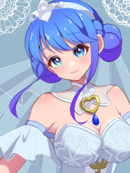 Rule 34 | 1girl, bare shoulders, blue eyes, blue hair, breasts, bride, cleavage, commentary request, crystal rose sona, detached sleeves, double bun, dress, grey background, grey hairband, hair bun, hairband, heart, highres, kukurixi, large breasts, league of legends, official alternate costume, shiny skin, short hair, short sleeves, simple background, smile, solo, sona (league of legends), upper body, veins, wedding dress