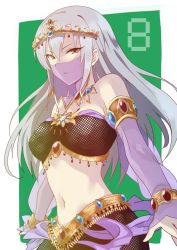 Rule 34 | 1girl, armlet, bare shoulders, commentary request, cosplay, dancer, detached sleeves, green background, grey hair, harem outfit, idolmaster, idolmaster cinderella girls, long hair, looking at viewer, midriff, mouth veil, natalia (idolmaster), natalia (idolmaster) (cosplay), navel, see-through, simple background, skirt, skirt set, solo, strapless, takamine noa, tube top, upper body, veil, yellow eyes, youhei (testament)