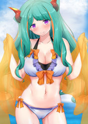 Rule 34 | 1girl, bikini, bow, bow bikini, breasts, character request, cleavage, closed mouth, collarbone, copyright request, cowboy shot, frilled bikini, frills, green hair, head tilt, holding sash, horns, large breasts, long hair, looking at viewer, multicolored hair, orange bow, orange hair, purple eyes, red horns, see-through, smile, solo, standing, streaked hair, strelka belca, swimsuit, two-tone hair