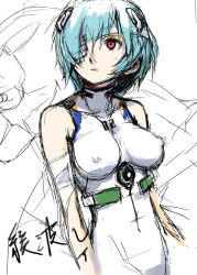 Rule 34 | 1girl, ayanami rei, bandages, bandage over one eye, blue hair, breasts, covered erect nipples, eyepatch, large breasts, neon genesis evangelion, pale skin, plugsuit, red eyes, short hair, sketch, solo, yamane masato