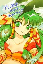 Rule 34 | 1girl, anzuni (marblefrog), breasts, cleavage, closed mouth, commentary request, feena (grandia), grandia, grandia i, green eyes, green hair, hair ornament, hair tubes, highres, jewelry, long hair, looking at viewer, low-tied long hair, midriff, smile, solo