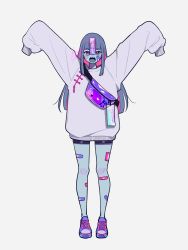 Rule 34 | 1girl, arms up, bad id, bad twitter id, bag, bandaid, bandaid on face, bandaid on leg, black shorts, blue skin, blush, colored skin, grey hair, highres, kisaragi yuu (fallen sky), long hair, looking at viewer, open mouth, original, purple footwear, shoes, shorts, shoulder bag, signature, simple background, sleeves past fingers, sleeves past wrists, solo, sweater, white background