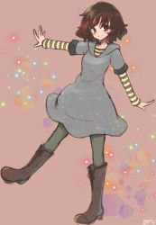Rule 34 | 1girl, akiyama yukari, artist name, balancing, black footwear, black pantyhose, blush, boots, brown background, brown eyes, brown hair, casual, closed mouth, commentary request, cross-laced footwear, dated, dress, full body, girls und panzer, grey dress, highres, hooded dress, knee boots, lace-up boots, layered sleeves, leaning back, long sleeves, medium dress, messy hair, pantyhose, shirt, short hair, short over long sleeves, short sleeves, signature, sketch, smile, solo, sparkle, standing, standing on one leg, striped clothes, striped shirt, twitter username, umxzo, yellow shirt