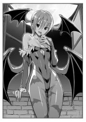 Rule 34 | 1girl, animal print, arm support, bare shoulders, bat print, bat wings, bridal gauntlets, collarbone, covered navel, demon girl, fangs, finger to mouth, flat chest, full moon, greyscale, hair between eyes, head wings, highres, kawakami rokkaku, leotard, lilith aensland, looking at viewer, monochrome, moon, open mouth, open window, pantyhose, print pantyhose, short hair, smile, solo, vampire (game), window, wings