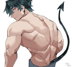 Rule 34 | 003 ssq, 1boy, back, back focus, back muscles, bara, cowboy shot, demon tail, from behind, green hair, highres, looking at viewer, male focus, muscular, muscular male, original, seductive smile, short hair, smile, solo, tail, thick eyebrows