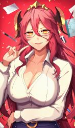 Rule 34 | 1girl, absurdres, alternate costume, belt, breasts, cleavage, dragalia lost, dragon horns, eraser, finger to face, glasses, hair between eyes, highres, horns, large breasts, long hair, looking at viewer, mechanical pencil, mym (dragalia lost), notepad, nurufufufu, office lady, parted lips, pencil, rectangular eyewear, red background, red hair, slit pupils, smile, solo, teeth, tiara, upper body, yellow eyes