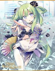 Rule 34 | 1girl, ame-no-uzume (otogi:spirit agents), blush, clothing request, green hair, hand fan, japanese clothes, kimono, kiya machi, long hair, long sleeves, looking at viewer, official art, open mouth, otogi:spirit agents, outstretched hand, purple eyes, second-party source, solo, twintails