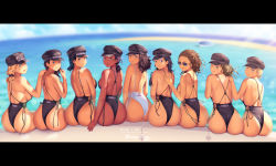 Rule 34 | 6+girls, a.x., arm behind back, ass, back, backless swimsuit, black hair, black headwear, black one-piece swimsuit, black ribbon, blonde hair, blue eyes, blurry, blurry background, breasts, brown eyes, brown hair, closed mouth, commentary request, dark-skinned female, dark skin, dated, day, depth of field, from behind, hair tie, hand on another&#039;s back, hand on another&#039;s shoulder, hand up, hat, highres, large breasts, letterboxed, long hair, looking at viewer, looking back, medium hair, multiple girls, one-piece swimsuit, open mouth, original, outdoors, ribbon, short hair, sideboob, sitting, smile, sunglasses, swimsuit, white one-piece swimsuit, white ribbon, wind, yellow eyes
