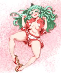 Rule 34 | 1girl, :d, aqua eyes, aqua hair, ass, breasts, breasts apart, highres, horns, komano aunn, large breasts, long hair, looking at viewer, lying, navel, on back, open mouth, pandain, sandals, shorts, single horn, smile, solo, spread legs, teeth, touhou, very long hair