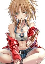 Rule 34 | 1girl, bare legs, bare shoulders, belt, black belt, black footwear, blonde hair, blue shorts, breasts, cleavage, collarbone, fate/apocrypha, fate/grand order, fate (series), fingernails, food, food request, foreshortening, green eyes, highres, indian style, jacket, jewelry, looking at viewer, medium breasts, medium hair, mordred (fate), mordred (fate/apocrypha), mordred (memories at trifas) (fate), mouth hold, necklace, off shoulder, parted bangs, reaching, reaching towards viewer, red jacket, shino (eefy), shoes, short shorts, shorts, simple background, sitting, solo, sweat, white background