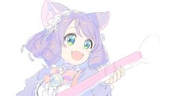Rule 34 | 1girl, :d, animal ear fluff, animal ears, bell, blouse, bow, bowtie, cat ears, cyan (show by rock!!), dress, drill hair, enkyo yuuichirou, frilled hairband, frills, green eyes, guitar, hairband, highres, holding, holding instrument, instrument, jingle bell, juliet sleeves, long sleeves, looking at viewer, medium hair, music, nail polish, neck bell, open mouth, pink nails, playing instrument, puffy sleeves, purple dress, red bow, red bowtie, shirt, show by rock!!, simple background, smile, solo, symbol in eye, upper body, white background, white shirt