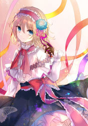 Rule 34 | 1girl, alice margatroid, black gloves, blonde hair, blue eyes, capelet, flower, gloves, hair flower, hair ornament, hairband, hand up, highres, kazu (muchuukai), light particles, light smile, looking at viewer, looking to the side, petticoat, short hair, skirt, solo, touhou