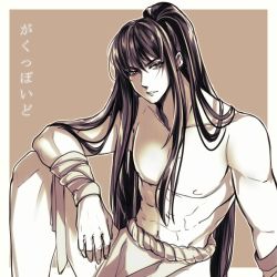 Rule 34 | 1boy, abs, arm rest, bandages, bandaged arm, bandages, character name, commentary, kamui gakupo, knee up, long hair, male focus, monochrome, parted lips, ponytail, sepia, topless male, sideways glance, sitting, very long hair, vocaloid, yen-mi