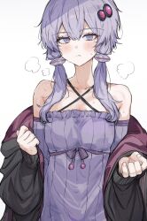 Rule 34 | 1girl, bare shoulders, blush, collarbone, criss-cross halter, dress, expressionless, hair ornament, halterneck, highres, imamiya pinoko, jacket, looking at viewer, off shoulder, open clothes, open jacket, purple dress, purple eyes, purple hair, short hair with long locks, solo, steaming body, sweat, vocaloid, voiceroid, yuzuki yukari