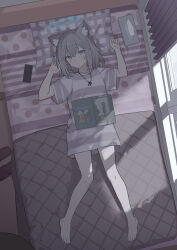 Rule 34 | 1girl, absurdres, animal ears, bare legs, barefoot, bed, blue archive, blue eyes, book, cellphone, curtains, expressionless, from above, full body, grey hair, halo, highres, long shirt, looking at viewer, lying, medium hair, nagisa (cxcx5235), no pants, on back, on bed, open book, phone, shiroko (blue archive), shirt, short sleeves, smartphone, striped clothes, striped shirt, tissue box, window, wolf ears, wolf girl