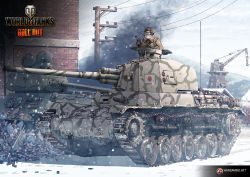 Rule 34 | 1boy, building, cloud, earasensha, highres, imperial japanese army, military, military vehicle, motor vehicle, sky, snow, snowing, t-34, t-34-85, tank, type 4 chi-to, wargaming japan, world of tanks