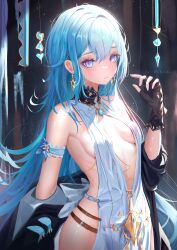 Rule 34 | 1girl, absurdres, arm strap, bare shoulders, belt buckle, black gloves, blue eyes, blue hair, breasts, buckle, center opening, closed mouth, dress, earrings, fingerless gloves, gloves, hand up, highres, jewelry, kayjae, long hair, looking at viewer, no bra, off shoulder, original, revealing clothes, sideless outfit, small breasts, solo, upper body, very long hair, white dress