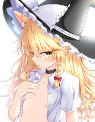 Rule 34 | 1girl, animal ear fluff, animal ears, black choker, black hat, blonde hair, bow, braid, breasts, cat ears, choker, clenched teeth, collarbone, commentary request, frilled bow, frills, hair between eyes, hair bow, hand on own chest, hat, hat bow, highres, kirisame marisa, long hair, looking at viewer, open clothes, open shirt, parted lips, rankasei, red bow, shirt, short sleeves, simple background, single braid, small breasts, solo, teeth, touhou, tsurime, upper body, white background, white bow, white shirt, witch hat, yellow eyes
