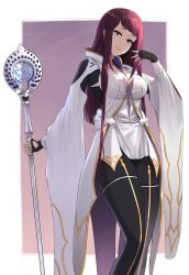 Rule 34 | 1girl, black pants, blunt ends, breasts, commission, cosplay, crossover, fate/grand order, fate/prototype, fate (series), female focus, fingerless gloves, fire emblem, fire emblem engage, gloves, highres, holding, holding staff, hooded robe, ivy (fire emblem), large breasts, long hair, long sleeves, looking at viewer, matching hair/eyes, merlin (fate/prototype), merlin (fate/prototype) (cosplay), mole, nintendo, pants, purple eyes, purple hair, robe, shou illust, sidelocks, smile, solo, staff, standing, swept bangs, white hood, white robe, wide sleeves