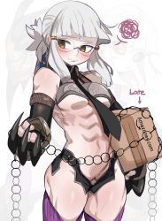 Rule 34 | 1girl, abs, armor, bare shoulders, black gloves, black necktie, black panties, blue ribbon, blunt bangs, blush, box, brand name imitation, breastplate, breasts, chain, claw (weapon), closed mouth, elbow gloves, eyelashes, fate/grand order, fate (series), feet out of frame, fingerless gloves, glasses, gloves, grey hair, hair ribbon, half updo, highres, lightsource, looking at viewer, medium breasts, medium hair, muscular, muscular female, navel, necktie, panties, penthesilea (fate), ribbon, sidelocks, solo, standing, thighs, underboob, underwear, weapon