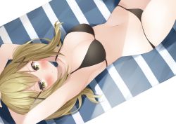 Rule 34 | 1girl, armpits, arms up, bang dream!, bare arms, bare shoulders, bikini, black bikini, blonde hair, blush, breasts, cleavage, closed mouth, collarbone, frown, hair ornament, halterneck, highres, ichigaya arisa, komomo (ptkrx), large breasts, long hair, looking at viewer, lying, navel, on back, solo, stomach, string bikini, striped, swimsuit, thighs, twintails, v-shaped eyebrows, x hair ornament, yellow eyes