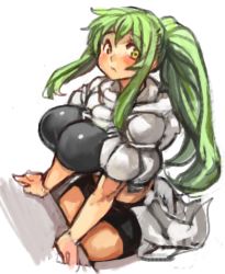 Rule 34 | 1girl, bike shorts, blush, breasts, female focus, green hair, high ponytail, large breasts, long hair, original, perky breasts, ponytail, sachito, sidelocks, simple background, sitting, solo, sumi-chan (sachito), white background, yellow eyes