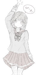 Rule 34 | 1girl, 7 calpis 7, arm up, blush, bow, closed mouth, commentary request, greyscale, highres, long sleeves, monochrome, notice lines, original, pleated skirt, sailor collar, school uniform, serafuku, simple background, skirt, sleeves past wrists, smile, solo, translation request, v, white background