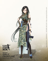 Rule 34 | 1girl, artist request, assault rifle, black hair, camouflage, character name, china dress, chinese clothes, dress, full body, girls&#039; frontline, gold trim, grey eyes, gun, highres, long hair, official art, rifle, solo, thigh strap, thighhighs, type 03 (girls&#039; frontline), type 03 assault rifle, watermark, weapon, web address