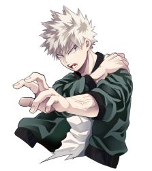 Rule 34 | 1boy, bakugou katsuki, blonde hair, boku no hero academia, cai (caiirocai), commentary request, green jacket, hand on own shoulder, jacket, long sleeves, looking at viewer, male focus, open clothes, open jacket, open mouth, outstretched arm, red eyes, shirt, short hair, simple background, solo, spiked hair, teeth, upper body, white background, white shirt