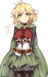 Rule 34 | 10s, 1girl, ahoge, arms behind back, belt, blonde hair, boots, buckle, cape, closed mouth, corset, cowboy shot, cross-laced clothes, earrings, eyebrows, frilled skirt, frills, granblue fantasy, green cape, green skirt, grey thighhighs, haruyuki (yukichasoba), jewelry, long sleeves, looking at viewer, pantyhose, short hair, simple background, skirt, smile, solo, stitches, swept bangs, teena (granblue fantasy), text focus, thigh boots, thighhighs, translated, white background