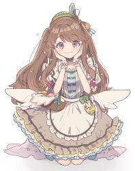 Rule 34 | 1girl, alternate costume, basket, black choker, bow, brown dress, brown hair, choker, closed mouth, collarbone, dress, dress bow, easter egg, egg, fake wings, frilled choker, frilled cuffs, frilled dress, frills, fujishima megumi, full body, green bow, green hairband, hairband, hands on own cheeks, hands on own face, heart, highres, kneeling, light blush, light smile, link! like! love live!, long hair, looking at viewer, love live!, medium dress, purple eyes, red bow, simple background, solo, two side up, uo (wotakana p), virtual youtuber, white background, white wrist cuffs, wings, wrist cuffs