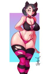 Rule 34 | 1girl, aqua eyes, artist name, bare shoulders, black hair, blush, breasts, choker, cleavage, collarbone, creatures (company), curvy, freckles, game freak, highres, large breasts, looking to the side, marnie (pokemon), navel, nintendo, no pants, panties, pink panties, pokemon, pokemon swsh, shorts, sleeveless, solo, sports bra, stomach, striped clothes, striped thighhighs, thick thighs, thighhighs, thighs, tiger1001, torn clothes, torn thighhighs, twintails, underwear, wide hips
