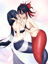 Rule 34 | 2girls, awono nanaumi, bikini, bikini top only, black bikini, black hair, blue eyes, blue hair, bow, breasts, cleavage, commission, eye contact, face-to-face, hair between eyes, hair bow, highres, holding hands, interlocked fingers, large breasts, long hair, looking at another, low ponytail, mermaid, monster girl, multicolored hair, multiple girls, navel, original, pointy ears, ponytail, red bow, red hair, scales, sideboob, signature, skeb commission, streaked hair, swimsuit, yuri